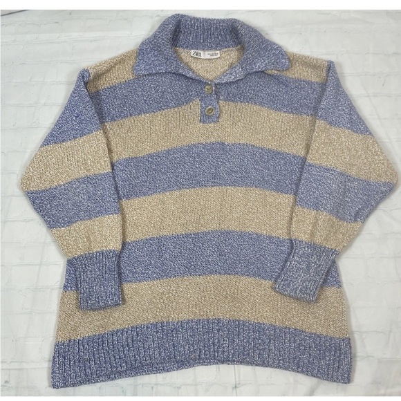 Zara Oversized Striped Sweater Blue Tan Chunky Knit Buttons Mock Neck Woman’s S - Picture 15 of 15